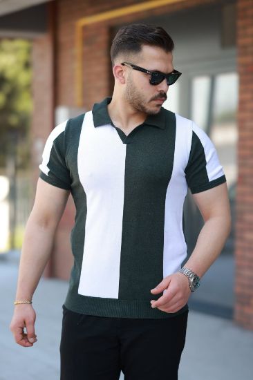 Erkek Kısa Kollu Polo Yakalı Blok Desenli Triko Bluz resmi